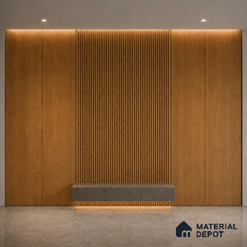Oak Wood Ocre 10 ft x 0.45 ft (3060x140 mm) Pyramid Design Interior & Exterior Wall & Ceiling Panel - 14 mm | Suitable for Balcony, Facade & Open Area | Width is Subjected to 5% Variation
