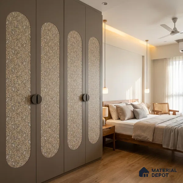 Beige Digital look LM 23945 Morchitra Kalamkari Art 8 ft x 4 ft Texture Finish Decorative Laminate - 1 mm | Suitable for Living room,TV Unit, Highlighter Wall, Wardrobe, Feature Wall