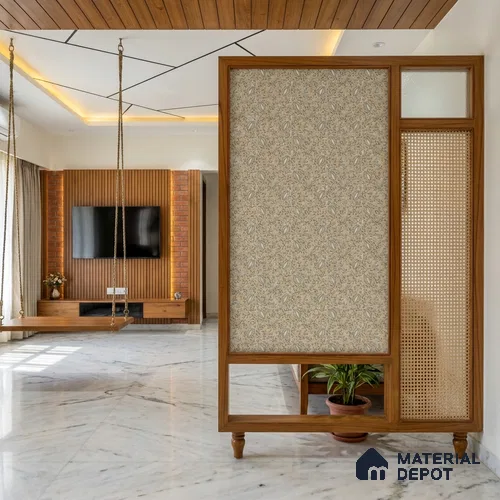 Beige Digital look LM 23945 Morchitra Kalamkari Art 8 ft x 4 ft Texture Finish Decorative Laminate - 1 mm | Suitable for Living room,TV Unit, Highlighter Wall, Wardrobe, Feature Wall