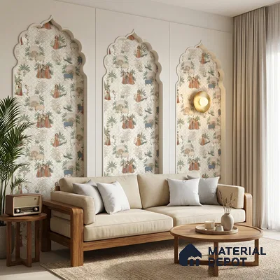 Beige Digital look LM 23935 Vrindavana Pichwai Art 8 ft x 4 ft Texture Finish Decorative Laminate - 1 mm | Suitable for Living room,TV Unit, Highlighter Wall, Wardrobe, Feature Wall