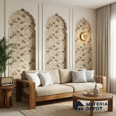 Beige Digital look LM 23940 Abhyaranya Miniature Traditions 8 ft x 4 ft Texture Finish Decorative Laminate - 1 mm | Suitable for Living room,TV Unit, Highlighter Wall, Wardrobe, Feature Wall