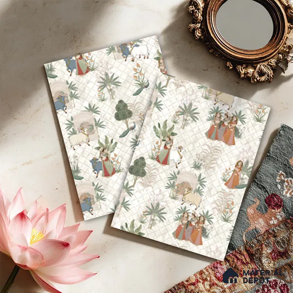 Beige Digital look LM 23935 Vrindavana Pichwai Art 8 ft x 4 ft Texture Finish Decorative Laminate - 1 mm | Suitable for Living room,TV Unit, Highlighter Wall, Wardrobe, Feature Wall