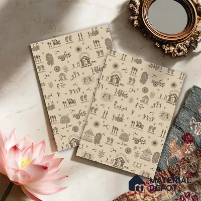 Beige Digital look LM 23944 Gramchitra Warli Art 8 ft x 4 ft Texture Finish Decorative Laminate - 1.25 mm | Suitable for Living room,TV Unit, Highlighter Wall, Wardrobe, Feature Wall