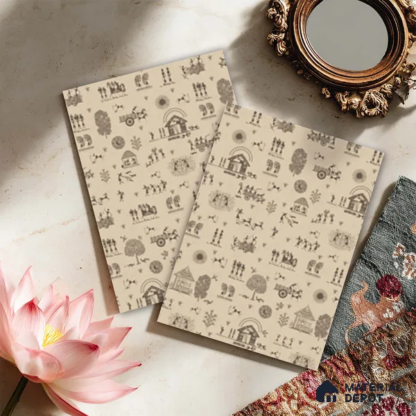 Beige Digital look LM 23944 Gramchitra Warli Art 8 ft x 4 ft Texture Finish Decorative Laminate - 1.25 mm | Suitable for Living room,TV Unit, Highlighter Wall, Wardrobe, Feature Wall