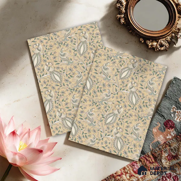 Beige Digital look LM 23945 Morchitra Kalamkari Art 8 ft x 4 ft Texture Finish Decorative Laminate - 1 mm | Suitable for Living room,TV Unit, Highlighter Wall, Wardrobe, Feature Wall