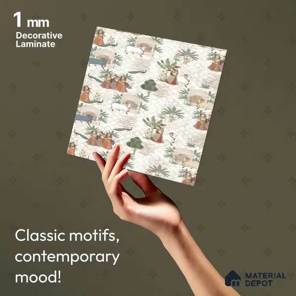 Beige Digital look LM 23935 Vrindavana Pichwai Art 8 ft x 4 ft Texture Finish Decorative Laminate - 1 mm | Suitable for Living room,TV Unit, Highlighter Wall, Wardrobe, Feature Wall
