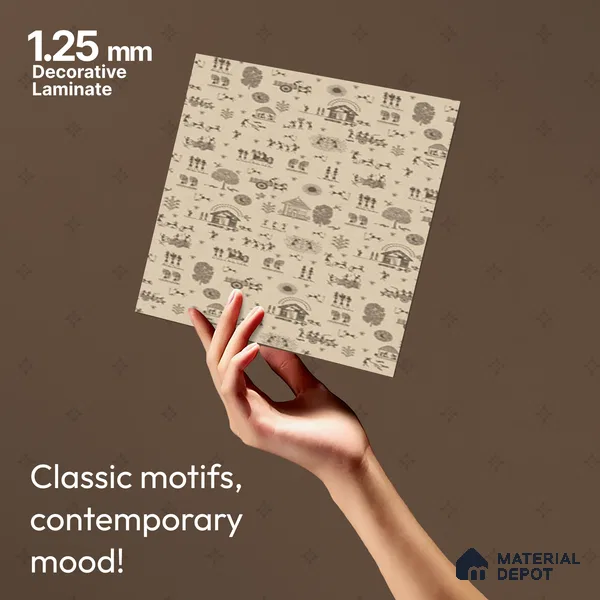 Beige Digital look LM 23944 Gramchitra Warli Art 8 ft x 4 ft Texture Finish Decorative Laminate - 1.25 mm | Suitable for Living room,TV Unit, Highlighter Wall, Wardrobe, Feature Wall