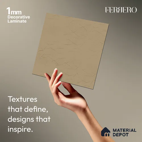 Brown Patterned look Ferrero 1E239 CP Creamy Ivory Beige 8 ft x 4 ft Crumpled Finish Decorative Laminate - 1 mm | Matching Rehau Edgeband Code - (75705)