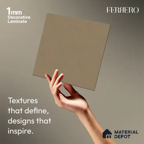 Beige Leather look Ferrero 1E246 ZL Soft Almond Beige 8 ft x 4 ft Zero Leather Finish Decorative Laminate - 1 mm | Matching Rehau Edgeband Code - (75649)