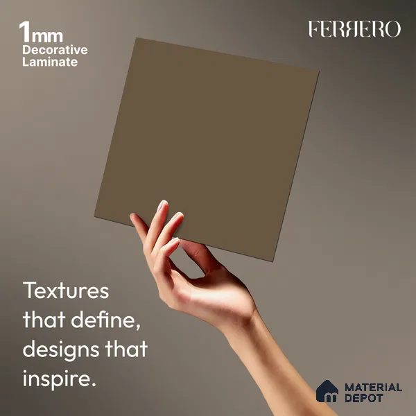 Brown Solid Colors look Ferrero 1E179 SMT Earthy Mocha 8 ft x 4 ft Satin Matt Finish Decorative Laminate - 1 mm | Suitable for Living Room, Kitchen, Office | Matching Prism Edgeband Code - (10140)