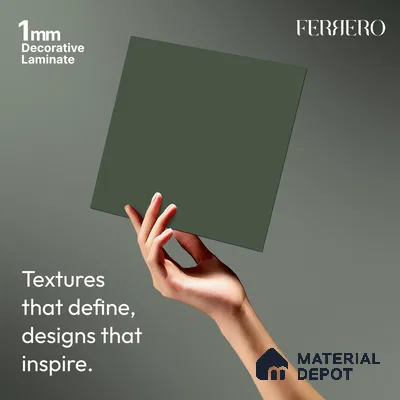 Green Solid Colors look Ferrero 1E236 SMT Olive Green 8 ft x 4 ft Satin Matt Finish Decorative Laminate - 1 mm | Suitable for Living Room, Kitchen, Office | Matching Prism Edgeband Code - (10115)