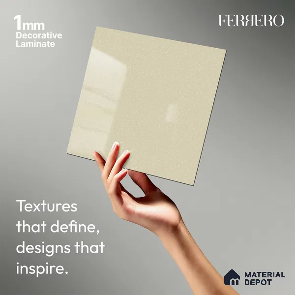 Beige Sparkle look Ferrero 1E480 HGL Blush Tinted White 8 ft x 4 ft High Gloss Finish Decorative Laminate - 1 mm | Matching Prism Edgeband Code - (10101)