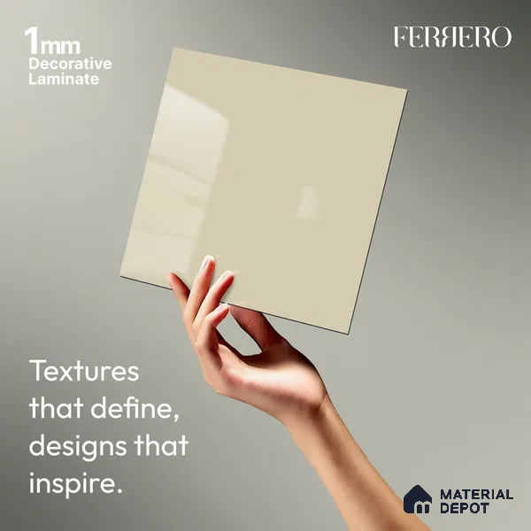 Beige Solid Colors look Ferrero 1E102 HGL Warm Milky White 8 ft x 4 ft High Gloss Finish Decorative Laminate - 1 mm | Suitable for Living Room, Kitchen, Office | Matching E3 Edgeband Code - (1103)
