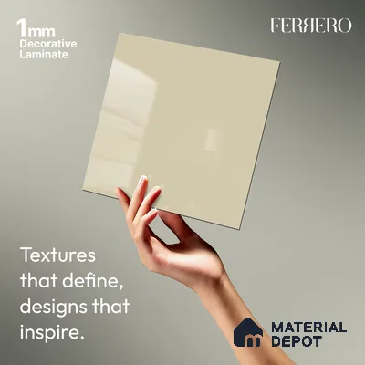 Beige Solid Colors look Ferrero 1E178 HGL Soft Rosy White 8 ft x 4 ft High Gloss Finish Decorative Laminate - 1 mm | Suitable for Living Room, Kitchen, Office | Matching E3 Edgeband Code - (1002 HG)