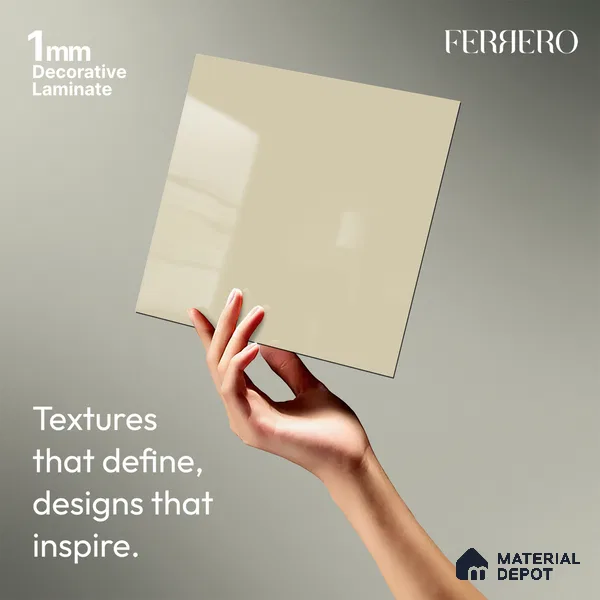 Beige Solid Colors look Ferrero 1E178 HGL Soft Rosy White 8 ft x 4 ft High Gloss Finish Decorative Laminate - 1 mm | Suitable for Living Room, Kitchen, Office | Matching E3 Edgeband Code - (1002 HG)