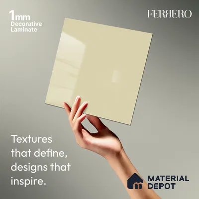 Beige Solid Colors look Ferrero 1E230 HGL Crystal Snow White 8 ft x 4 ft High Gloss Finish Decorative Laminate - 1 mm | Suitable for Living Room, Kitchen, Office | Matching E3 Edgeband Code - (1002 HG)