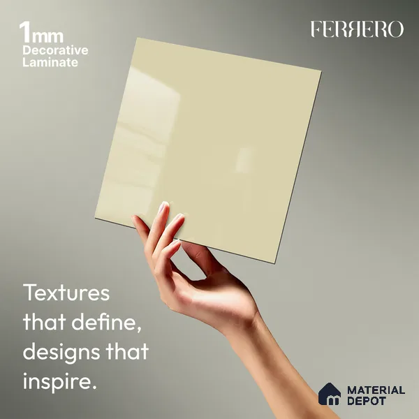 Beige Solid Colors look Ferrero 1E230 HGL Crystal Snow White 8 ft x 4 ft High Gloss Finish Decorative Laminate - 1 mm | Suitable for Living Room, Kitchen, Office | Matching E3 Edgeband Code - (1002 HG)