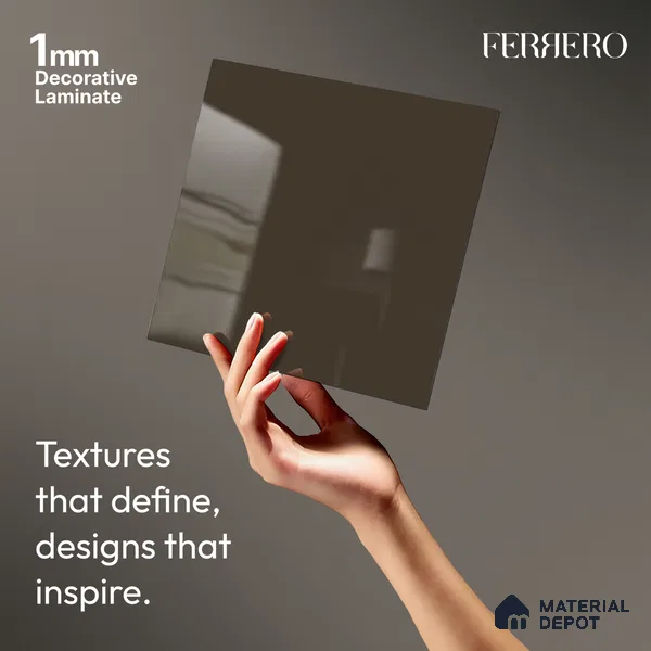 Brown Solid Colors look Ferrero 1E223 HGL Muted Taupe Brown 8 ft x 4 ft High Gloss Finish Decorative Laminate - 1 mm | Suitable for Living Room, Kitchen, Office | Matching E3 Edgeband Code - (1053)