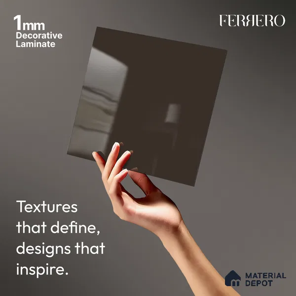 Brown Solid Colors look Ferrero 1E180 HGL Rich Cocoa Brown 8 ft x 4 ft High Gloss Finish Decorative Laminate - 1 mm | Suitable for Living Room, Kitchen, Office | Matching Prism Edgeband Code - (10150 SHGL)