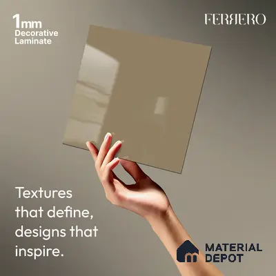 Beige Solid Colors look Ferrero 1E246 HGL Warm Taupe Beige 8 ft x 4 ft High Gloss Finish Decorative Laminate - 1 mm | Suitable for Living Room, Kitchen, Office | Matching E3 Edgeband Code - (1056)