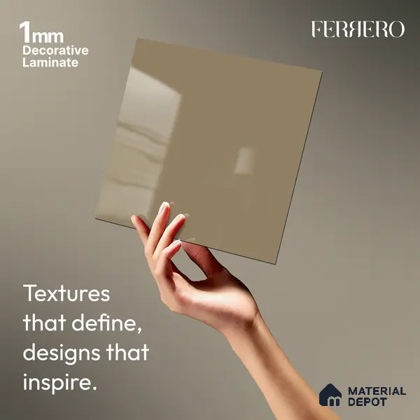 Beige Solid Colors look Ferrero 1E246 HGL Warm Taupe Beige 8 ft x 4 ft High Gloss Finish Decorative Laminate - 1 mm | Suitable for Living Room, Kitchen, Office | Matching E3 Edgeband Code - (1056)