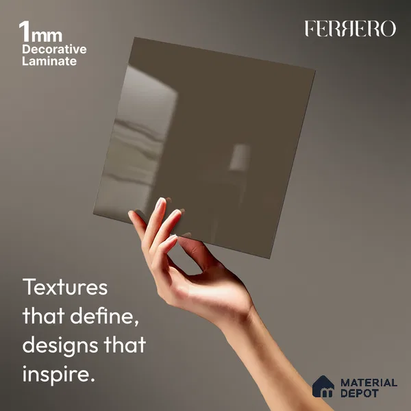 Brown Solid Colors look Ferrero 1E233 HGL Olive Toned Sand 8 ft x 4 ft High Gloss Finish Decorative Laminate - 1 mm | Suitable for Living Room, Kitchen, Office | Matching E3 Edgeband Code - (1053)