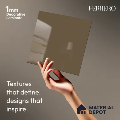 Brown Solid Colors look Ferrero 1E179 HGL Soft Warm Khaki 8 ft x 4 ft High Gloss Finish Decorative Laminate - 1 mm | Suitable for Living Room, Kitchen, Office | Matching Rehau Edgeband Code - (110228)