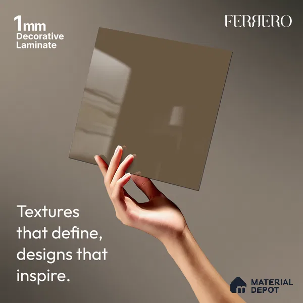 Brown Solid Colors look Ferrero 1E179 HGL Soft Warm Khaki 8 ft x 4 ft High Gloss Finish Decorative Laminate - 1 mm | Suitable for Living Room, Kitchen, Office | Matching Rehau Edgeband Code - (110228)