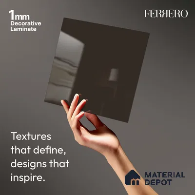 Brown Solid Colors look Ferrero 1E185 HGL Deep Charcoal Brown 8 ft x 4 ft High Gloss Finish Decorative Laminate - 1 mm | Suitable for Living Room, Kitchen, Office | Matching Prism Edgeband Code - (10109 SHGL)