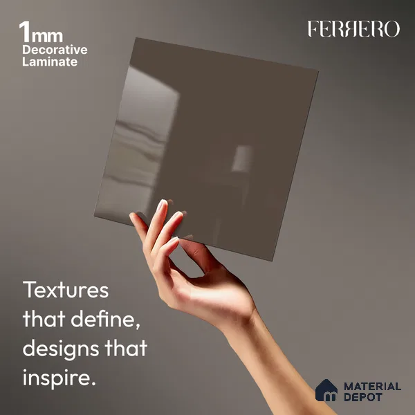 Brown Solid Colors look Ferrero 1E218 HGL Mocha Taupe Grey 8 ft x 4 ft High Gloss Finish Decorative Laminate - 1 mm | Suitable for Living Room, Kitchen, Office | Matching E3 Edgeband Code - (1053)