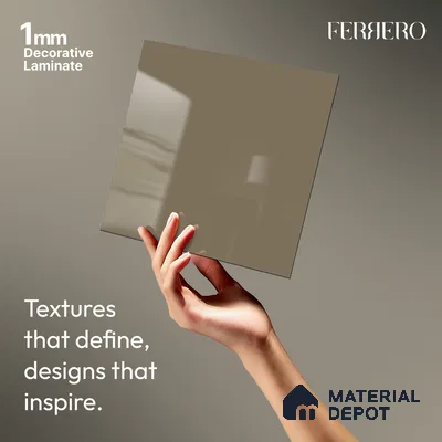 Grey Solid Colors look Ferrero 1E232 HGL Soft Greige Mist 8 ft x 4 ft High Gloss Finish Decorative Laminate - 1 mm | Suitable for Living Room, Kitchen, Office | Matching Prism Edgeband Code - (10140)