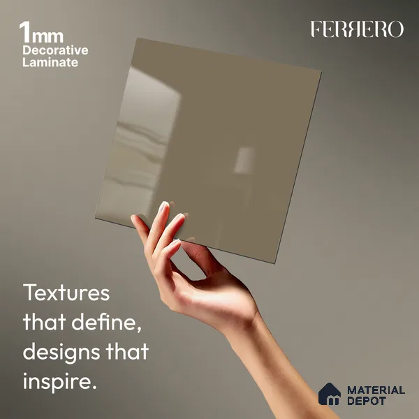 Grey Solid Colors look Ferrero 1E232 HGL Soft Greige Mist 8 ft x 4 ft High Gloss Finish Decorative Laminate - 1 mm | Suitable for Living Room, Kitchen, Office | Matching Prism Edgeband Code - (10140)