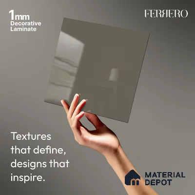Grey Solid Colors look Ferrero 1E238 HGL Warm Stone Grey 8 ft x 4 ft High Gloss Finish Decorative Laminate - 1 mm | Suitable for Living Room, Kitchen, Office | Matching E3 Edgeband Code - (1019 HG)