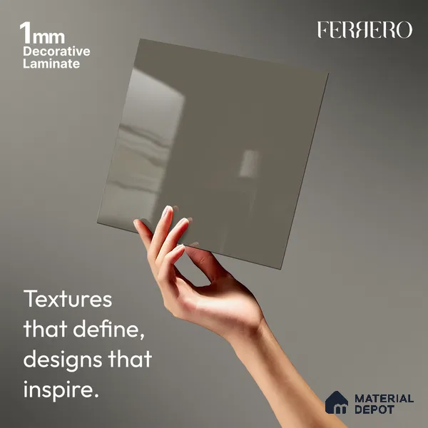 Grey Solid Colors look Ferrero 1E238 HGL Warm Stone Grey 8 ft x 4 ft High Gloss Finish Decorative Laminate - 1 mm | Suitable for Living Room, Kitchen, Office | Matching E3 Edgeband Code - (1019 HG)