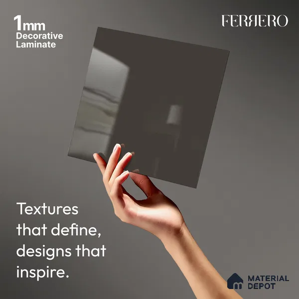 Grey Solid Colors look Ferrero 1E242 HGL Charcoal Ash Grey 8 ft x 4 ft High Gloss Finish Decorative Laminate - 1 mm | Suitable for Living Room, Kitchen, Office | Matching E3 Edgeband Code - (1049)