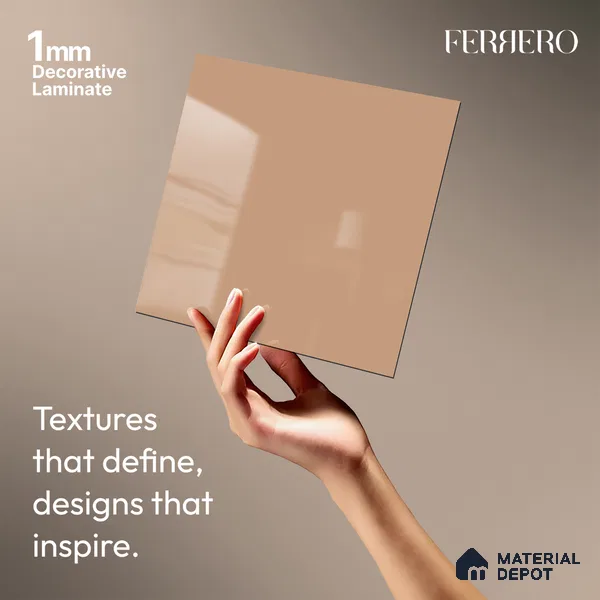 Orange Solid Colors look Ferrero 1E234 HGL Soft Peach Pink 8 ft x 4 ft High Gloss Finish Decorative Laminate - 1 mm | Suitable for Living Room, Kitchen, Office | Matching E3 Edgeband Code - (1060 HG)