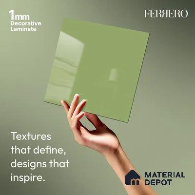 Green Solid Colors look Ferrero 1E243 HGL Spring Green 8 ft x 4 ft High Gloss Finish Decorative Laminate - 1 mm | Suitable for Living Room, Kitchen, Office | Matching E3 Edgeband Code - (1018)