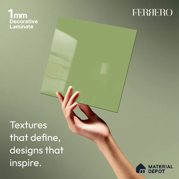Green Solid Colors look Ferrero 1E243 HGL Spring Green 8 ft x 4 ft High Gloss Finish Decorative Laminate - 1 mm | Suitable for Living Room, Kitchen, Office | Matching E3 Edgeband Code - (1018)