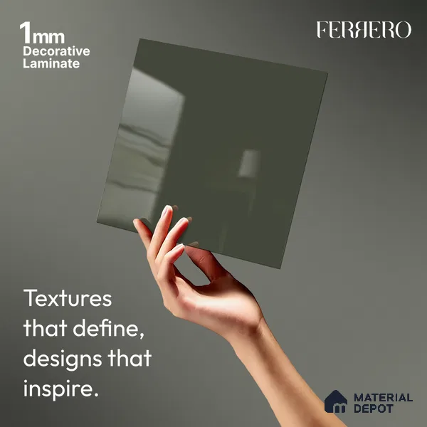 Green Solid Colors look Ferrero 1E194 HGL Grey Green 8 ft x 4 ft High Gloss Finish Decorative Laminate - 1 mm | Suitable for Living Room, Kitchen, Office | Matching Prism Edgeband Code - (10115)