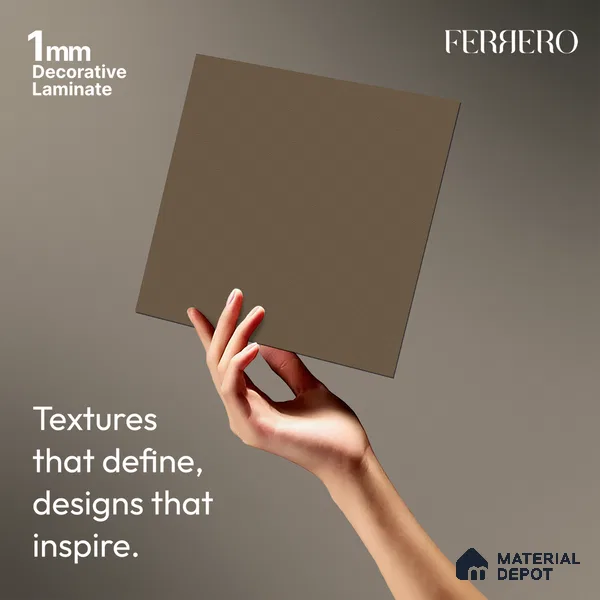 Brown Solid Colors look Ferrero 1E179 SF Soft Beige Taupe 8 ft x 4 ft Suede Finish Decorative Laminate - 1 mm | Suitable for Living Room, Kitchen, Office | Matching E3 Edgeband Code - (1113)