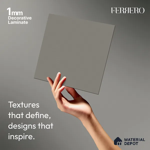 Grey Solid Colors look Ferrero 1E160 SF Soft Dove Grey 8 ft x 4 ft Suede Finish Decorative Laminate - 1 mm | Suitable for Living Room, Kitchen, Office | Matching E3 Edgeband Code - (1051)