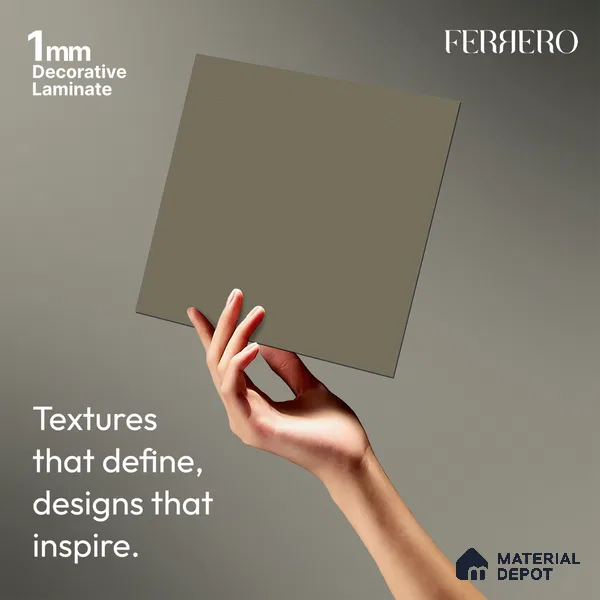 Grey Solid Colors look Ferrero 1E229 SF Smoky Grey Green 8 ft x 4 ft Suede Finish Decorative Laminate - 1 mm | Suitable for Living Room, Kitchen, Office | Matching Prism Edgeband Code - (10140)