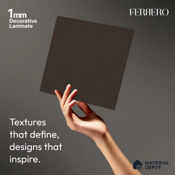 Brown Solid Colors look Ferrero 1E180 SF Mocha Dust Brown 8 ft x 4 ft Suede Finish Decorative Laminate - 1 mm | Suitable for Living Room, Kitchen, Office | Matching Prism Edgeband Code - (10150)