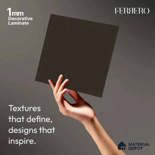 Brown Solid Colors look Ferrero 1E225 SF Charcoal Earth Gray 8 ft x 4 ft Suede Finish Decorative Laminate - 1 mm | Suitable for Living Room, Kitchen, Office | Matching E3 Edgeband Code - (1019)