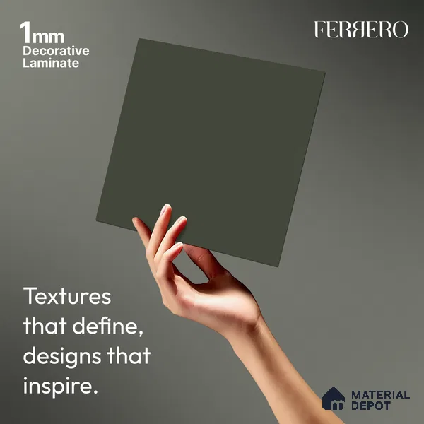 Green Solid Colors look Ferrero 1E194 SMT Ash Green 8 ft x 4 ft Satin Matt Finish Decorative Laminate - 1 mm | Suitable for Living Room, Kitchen, Office | Matching Prism Edgeband Code - (10115)