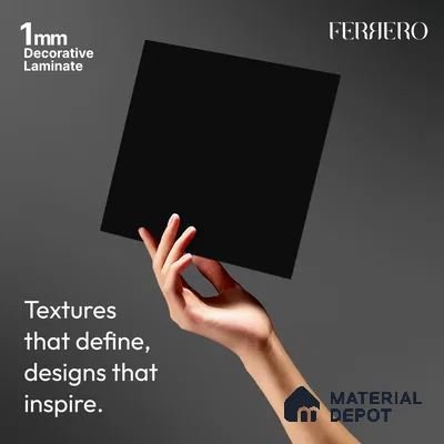 Black Solid Colors look Ferrero 1E190 SMT Midnight Charcoal 8 ft x 4 ft Satin Matt Finish Decorative Laminate - mm | Suitable for Living Room, Kitchen, Office | Matching Prism Edgeband Code - (10110 SHGL)