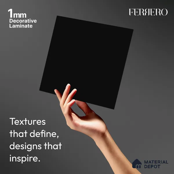 Black Solid Colors look Ferrero 1E190 SMT Midnight Charcoal 8 ft x 4 ft Satin Matt Finish Decorative Laminate - mm | Suitable for Living Room, Kitchen, Office | Matching Prism Edgeband Code - (10110 SHGL)