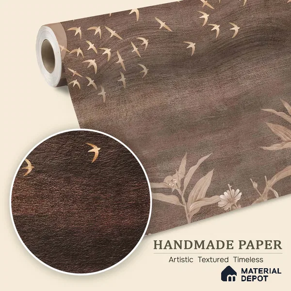 Arzoo | Dark Brown Flying Birds Branch Botanical Look Wallpaper Handmade (Customised Size)
