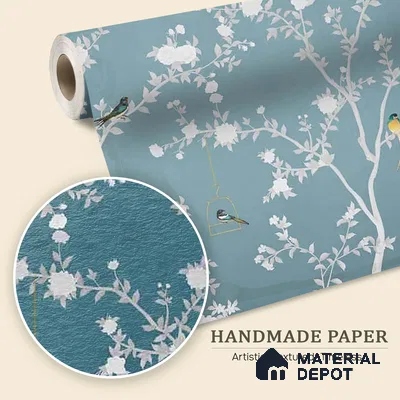 Aura in the Garden Blue Chinoiserie Wallpaper Sukoon Series Handmade Chinoserie Design (Customised Size Wallpaper)