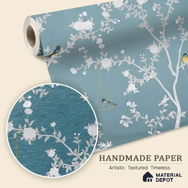 Aura in the Garden Blue Chinoiserie Wallpaper Sukoon Series Handmade Chinoserie Design (Customised Size Wallpaper)